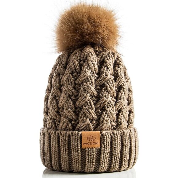 Accessories - Women’s Khaki Winter Ribbed Beanie Hat Chunky Cable Knit Pompom Warm